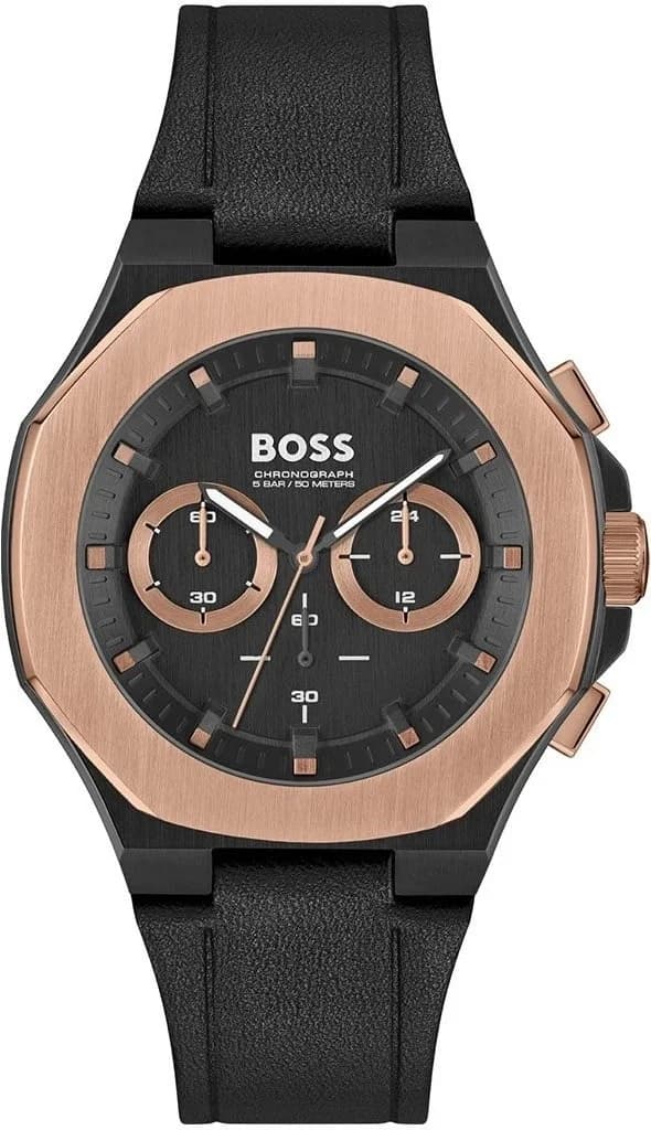 Garde-temps Hugo Boss 1514089 pour homme, chronographe acier noir/or rose avec bracelet cuir