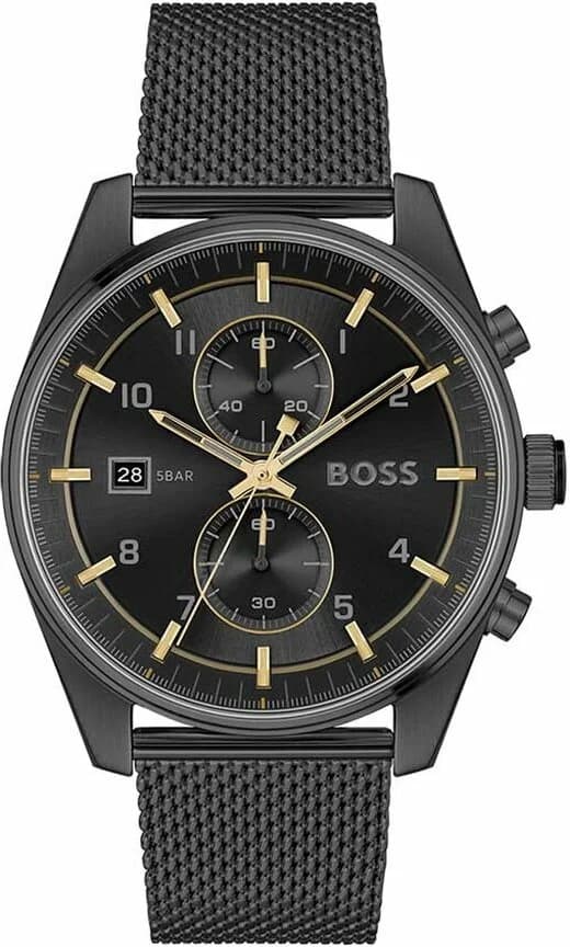 Garde-temps Hugo Boss 1514150 pour homme, cadran noir sur bracelet acier noir milanais