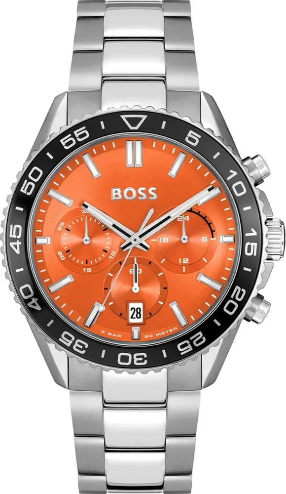 Garde-temps Hugo Boss 1514162 pour homme, cadran orange sur bracelet acier argenté