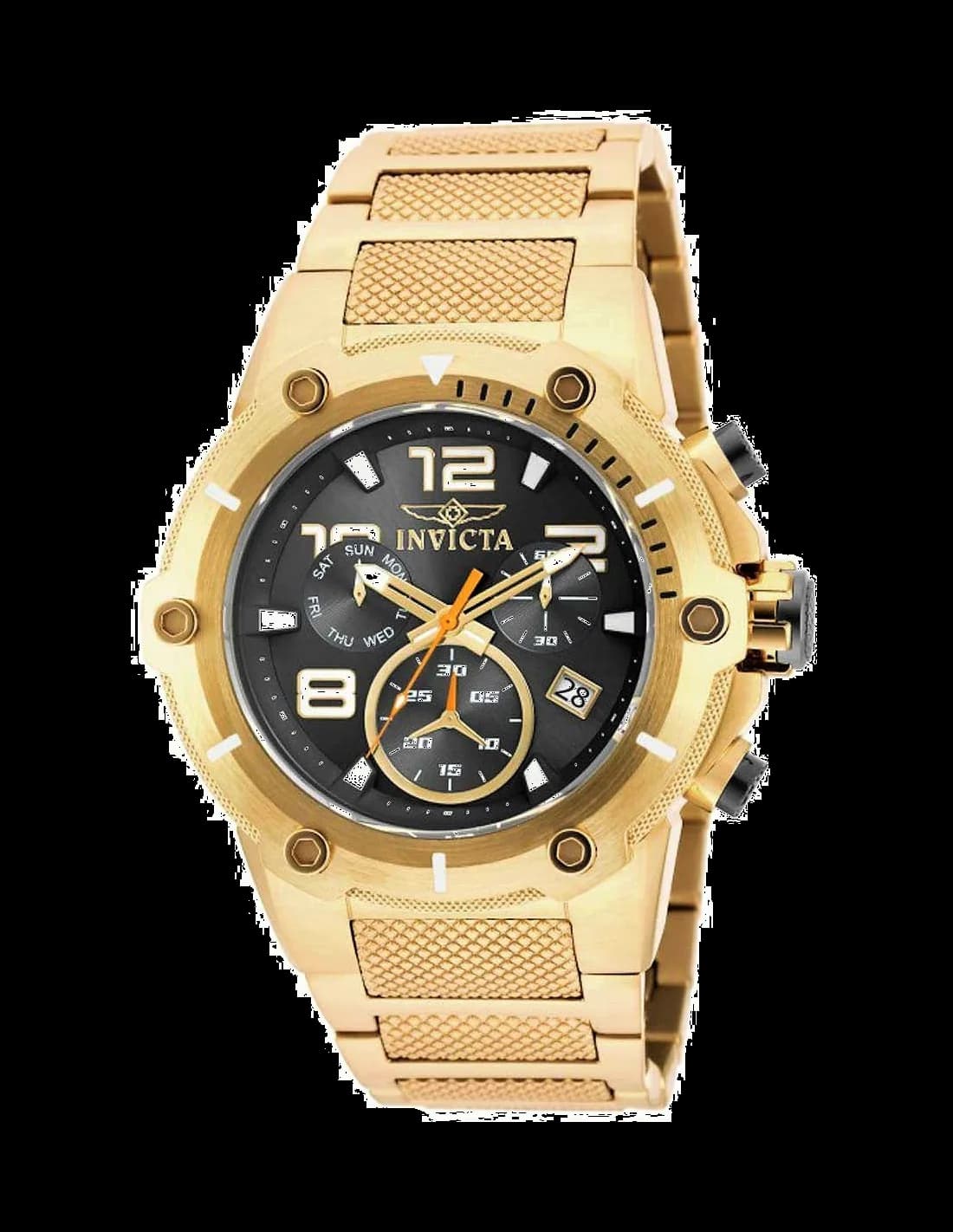 Garde-temps Invicta 19530 avec cadran noir soleillé, index appliques or et aiguilles bâton luminescentes, style sport-élégant