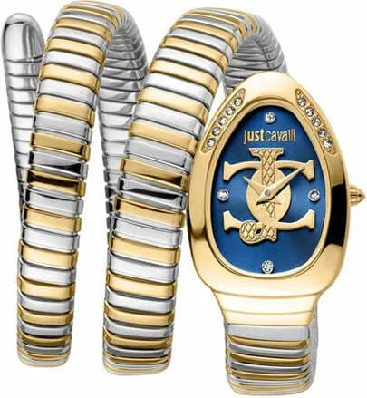 Garde-temps Just Cavalli JC1L228M0075 pour femme, cadran bleu texturé, bracelet acier bicolore