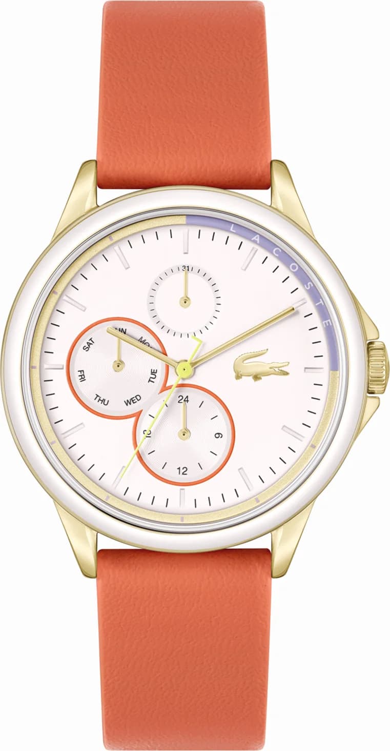 Garde-temps Lacoste 2001338 pour femme, cadran blanc multifonctions sur cuir orange
