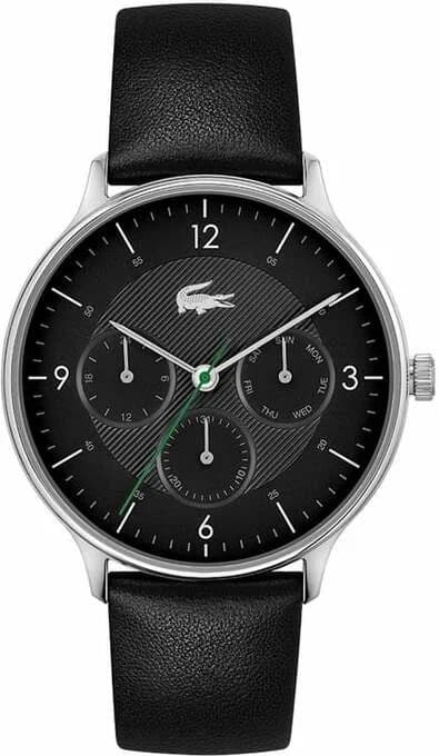 Garde-temps Lacoste 2011139 pour homme, cadran noir sur bracelet cuir noir