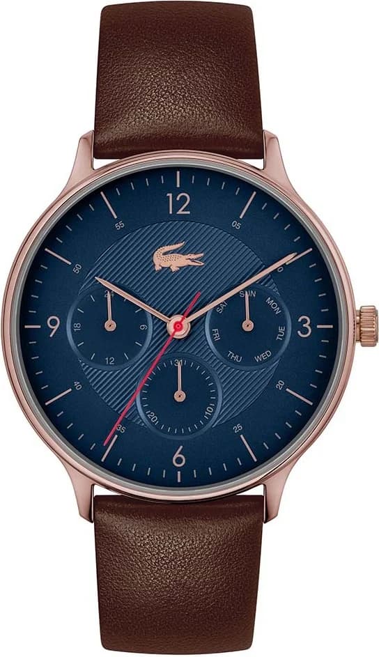 Garde-temps Lacoste 2011141 pour homme, cadran bleu multifonctions sur bracelet cuir marron