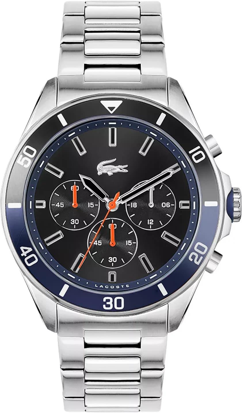 Garde-temps Lacoste 2011155 pour homme, bracelet acier argenté cadran noir multifonctions