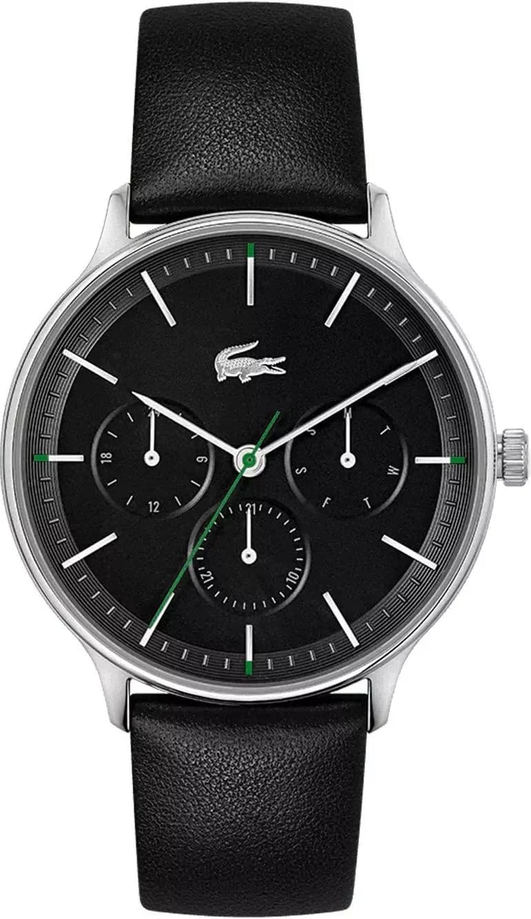 Garde-temps Lacoste 2011226 pour homme, cadran noir multifonctions, bracelet cuir noir