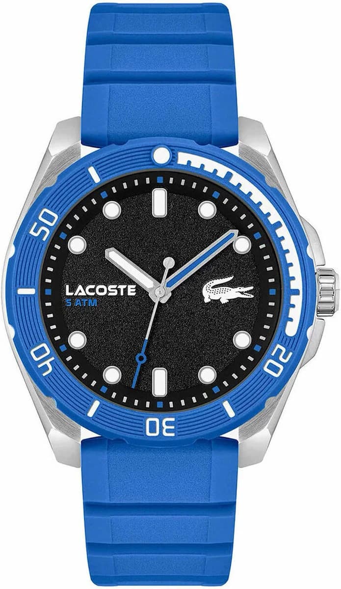Garde-temps Lacoste 2011285 pour homme, cadran noir, bracelet silicone bleu