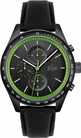 Garde-temps Lacoste 2011296 pour homme, bracelet cuir noir, cadran noir multifonctions