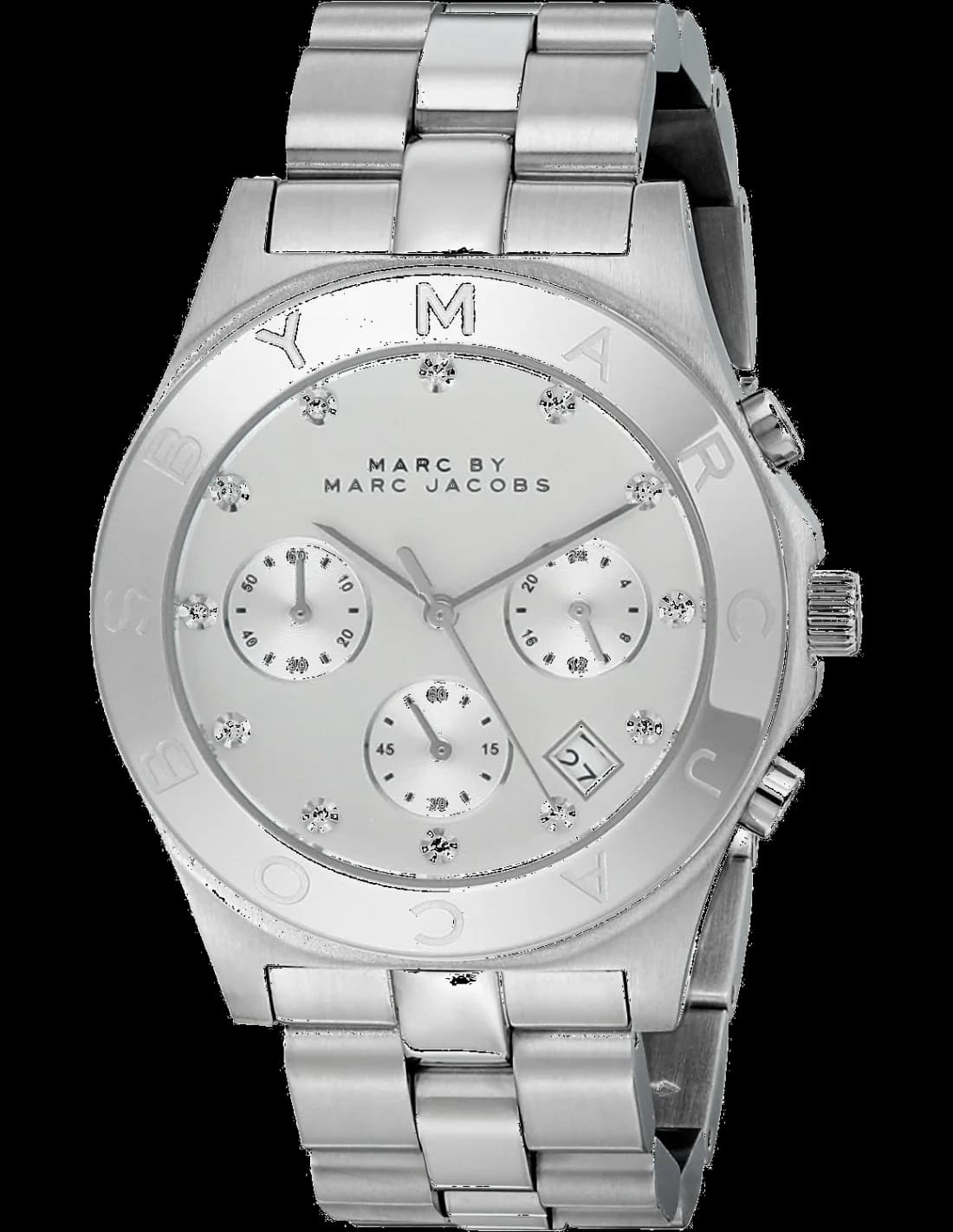 Garde-temps Marc Jacobs MBM3100 pour unisexe, cadran argent chronographe acier pierres