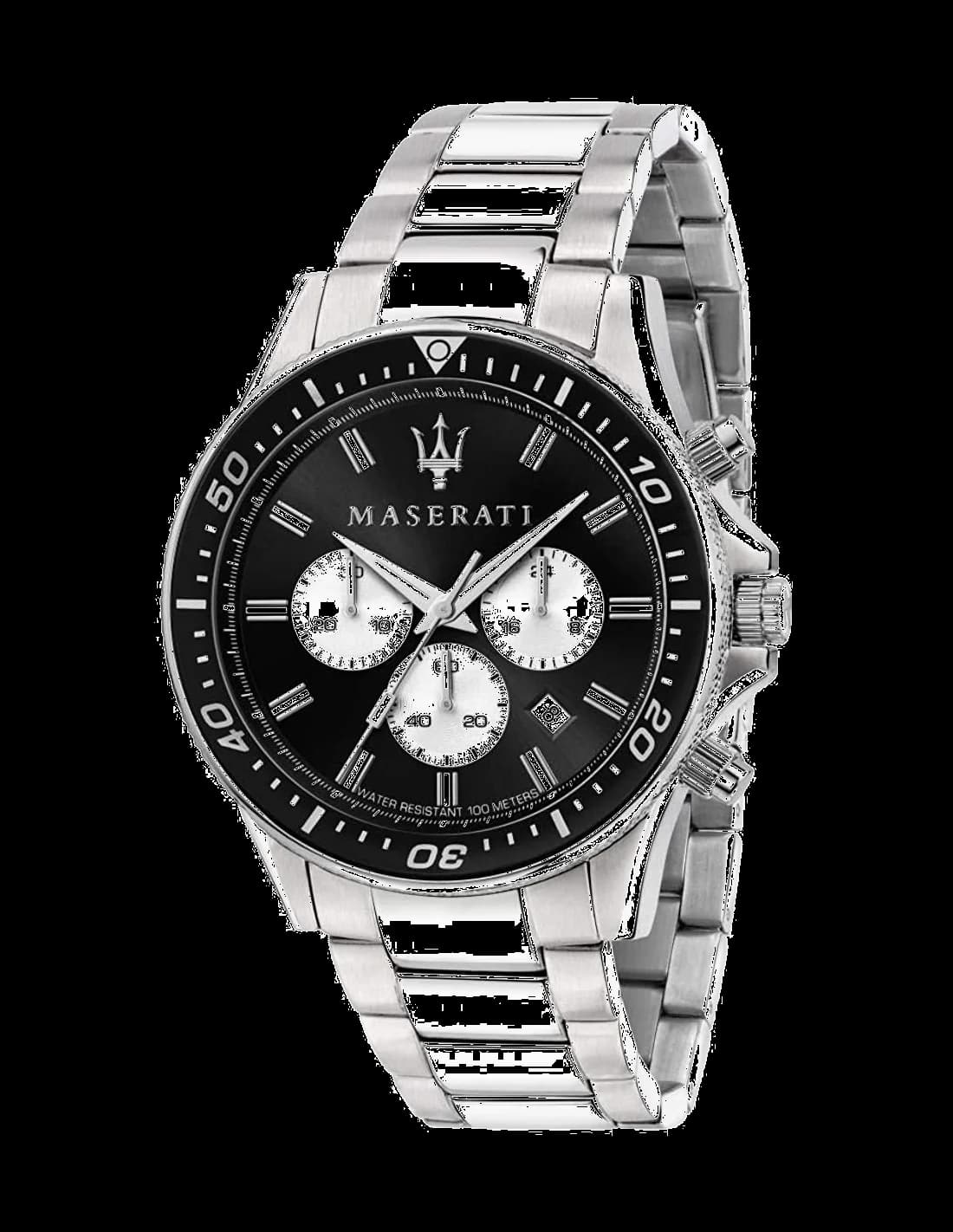 Garde-temps Maserati R8873640004 pour homme, cadran noir sur bracelet acier