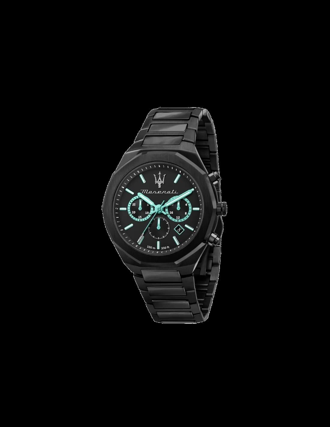 Garde-temps Maserati R8873644001 pour homme, cadran noir, détails turquoise, acier
