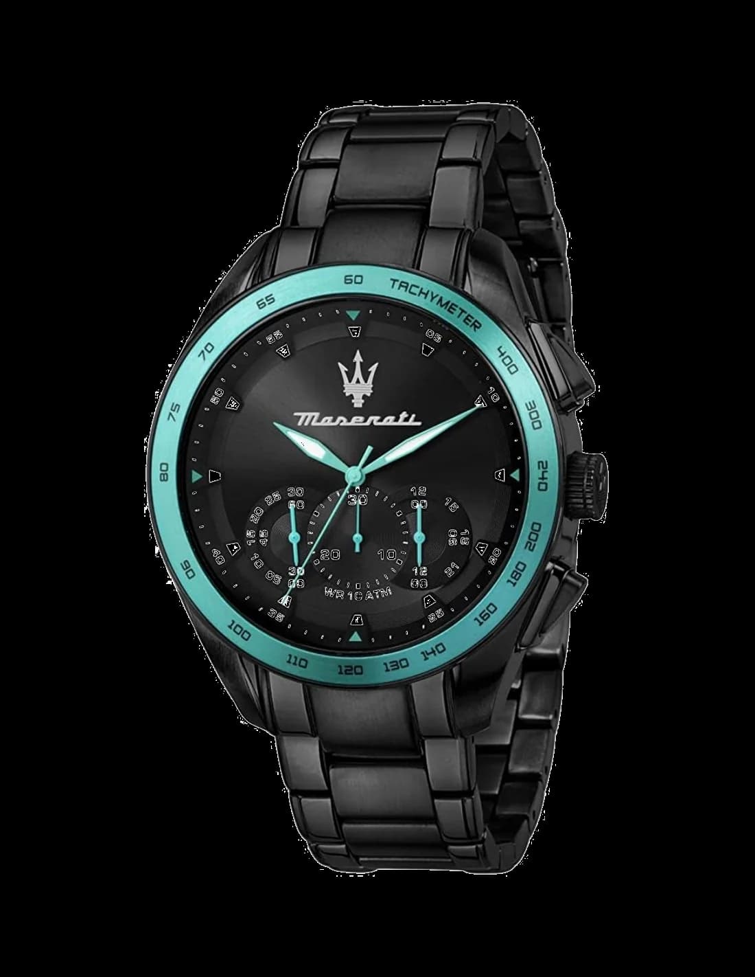 Garde-temps Maserati R8873644002 pour homme, cadran noir, détails turquoise, acier