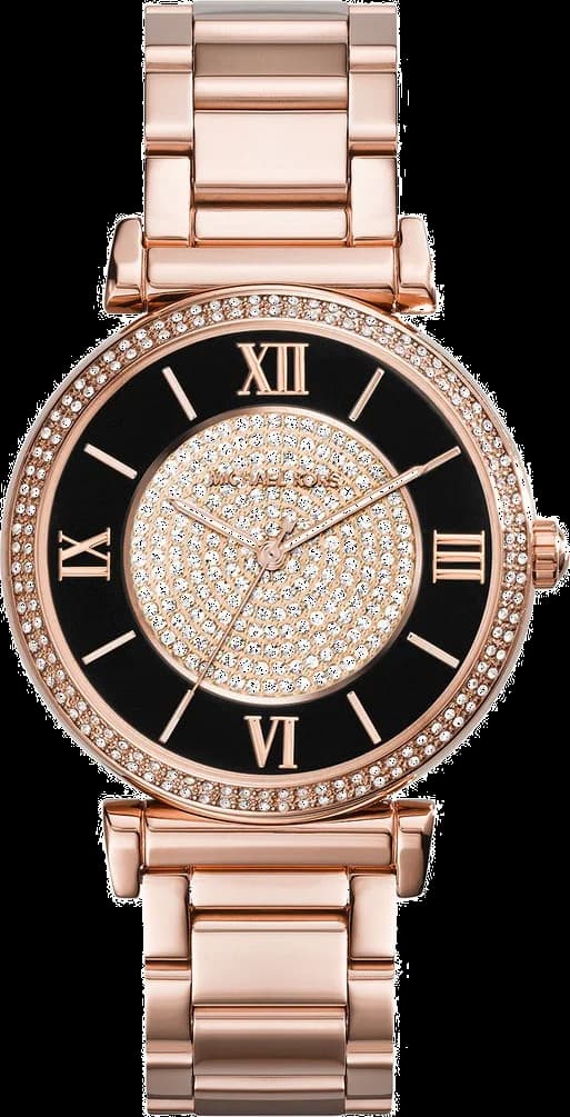Garde-temps Michael Kors MK3339 au cadran noir profond, finition or rose 42 mm et cristaux scintillants