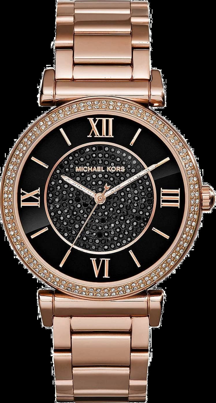 Garde-temps Michael Kors MK3356 pour femme, noir à cristaux, bracelet acier doré rose