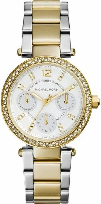 Garde-temps Michael Kors MK6055 pour femme, cadran blanc, chronographe bi-ton acier et doré