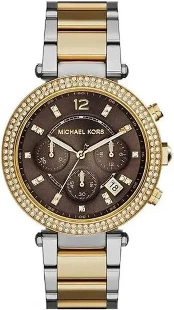 Garde-temps Michael Kors MK6118 pour femme, marron élégant au cadran, bracelet acier bi-ton