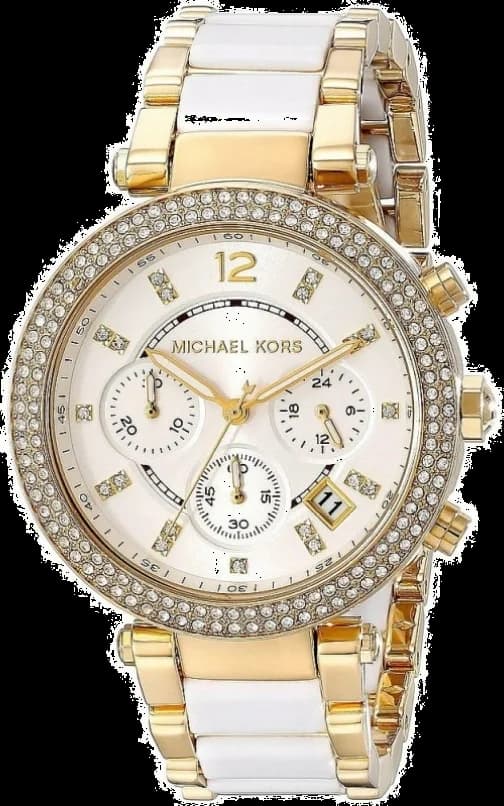 Garde-temps Michael Kors MK6119 avec cadran blanc nacré, index dorés et aiguilles bicolores sous verre minéral