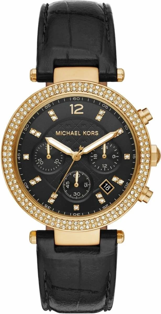 Garde-temps Michael Kors MK6984 avec cadran noir soleillé et aiguilles dorées sur fond noir profond