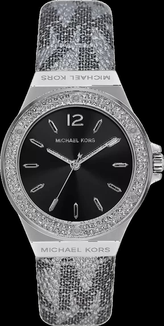 Garde-temps Michael Kors MK7309 pour femme, cadran noir et bracelet imprimé MK en cuir