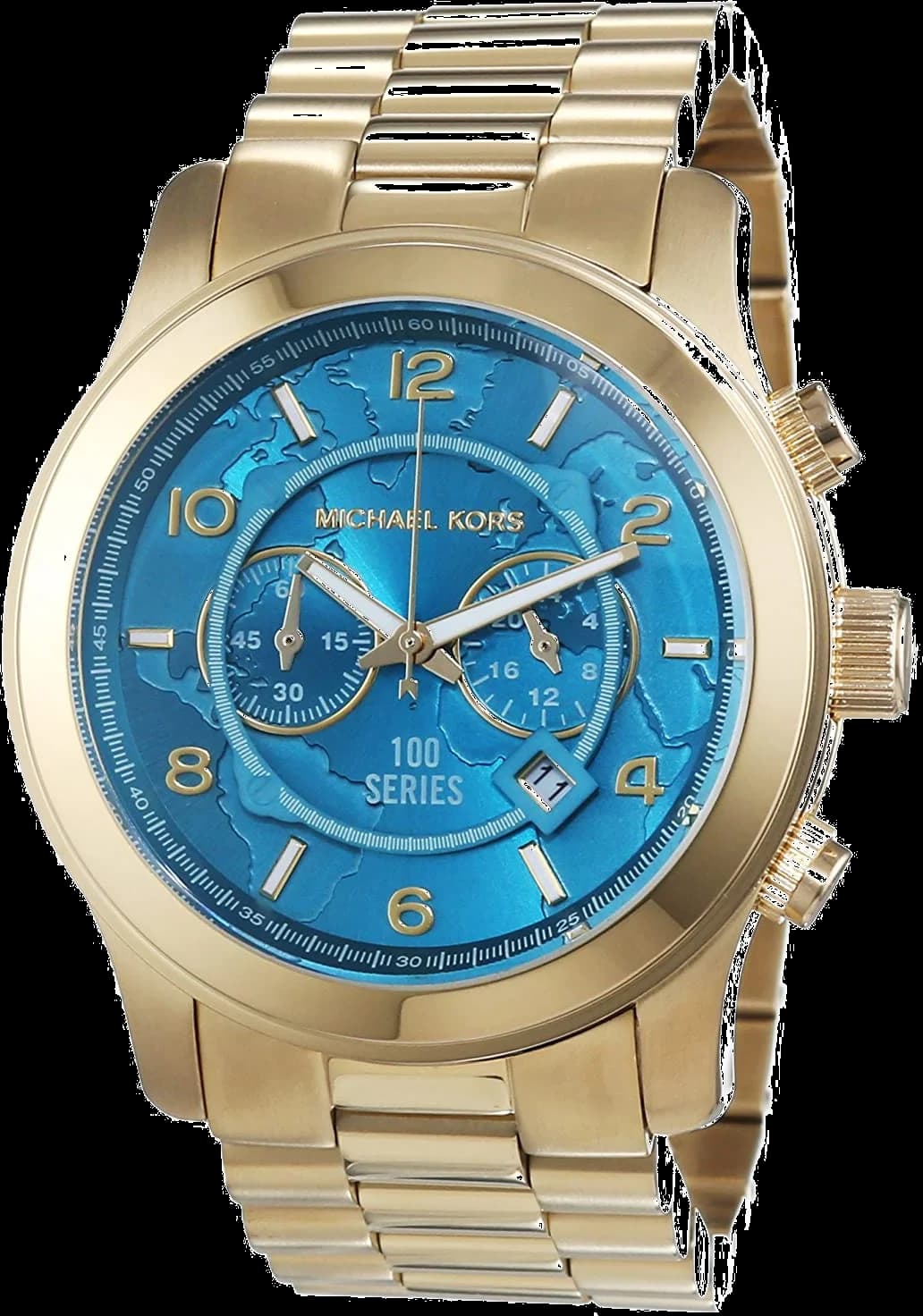 Garde-temps Michael Kors MK8315 pour femme, cadran bleu carte du monde, bracelet acier doré