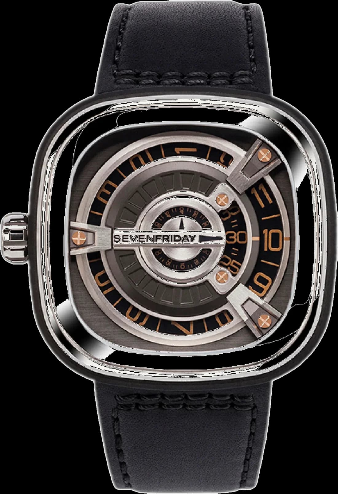 Garde-temps Sevenfriday M1/03 pour homme, cadran bicolore acier poli cuir noir