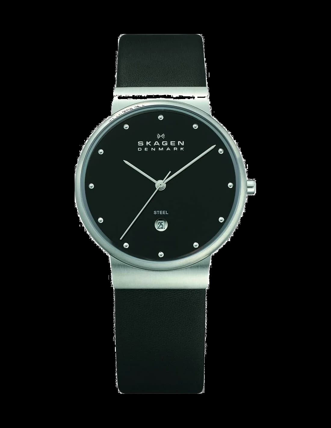 Garde-temps Skagen 355LSLB pour homme, cadran noir avec bracelet cuir