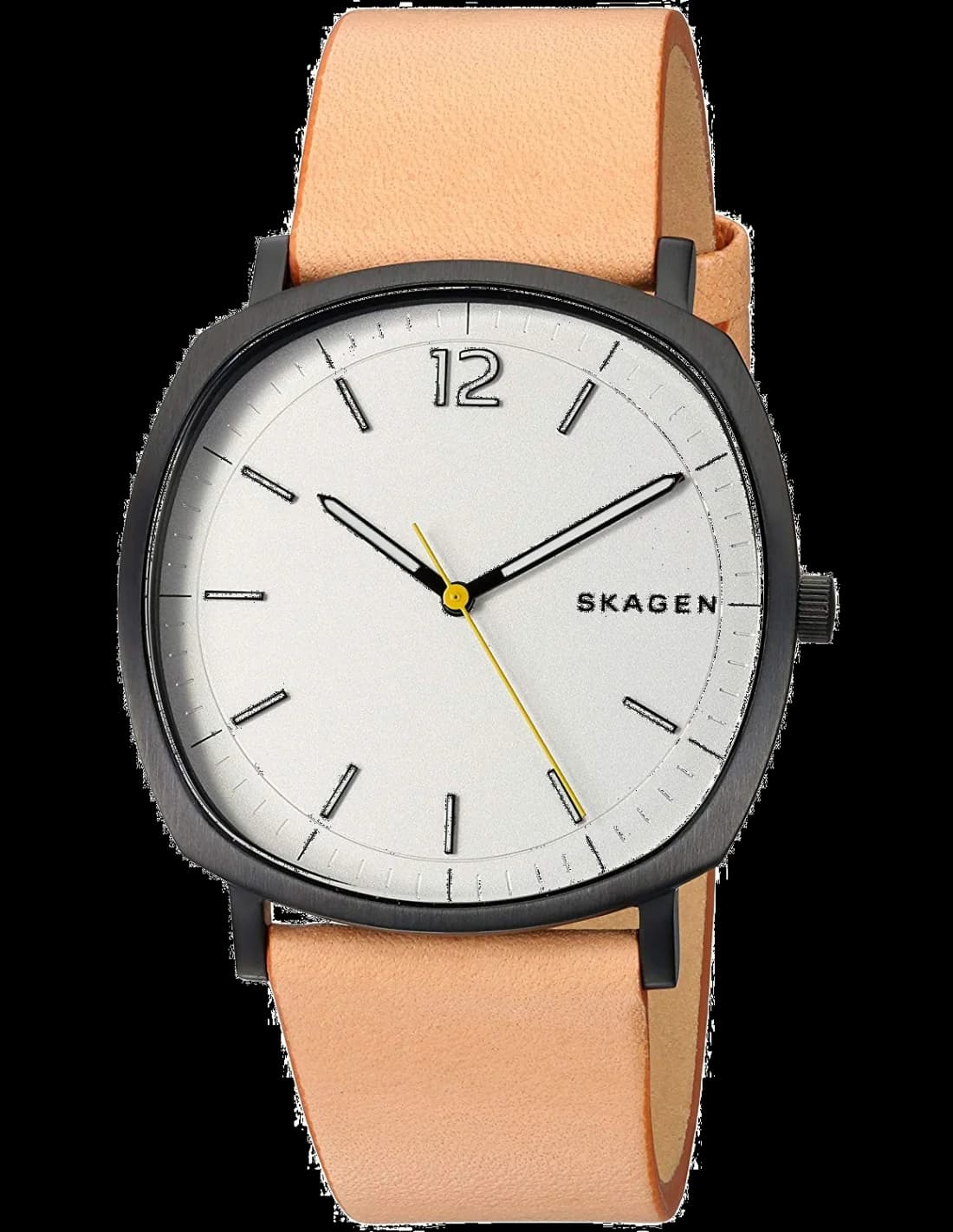 Garde-temps Skagen SKW6379 pour homme, boîtier coussin et bracelet cuir noir