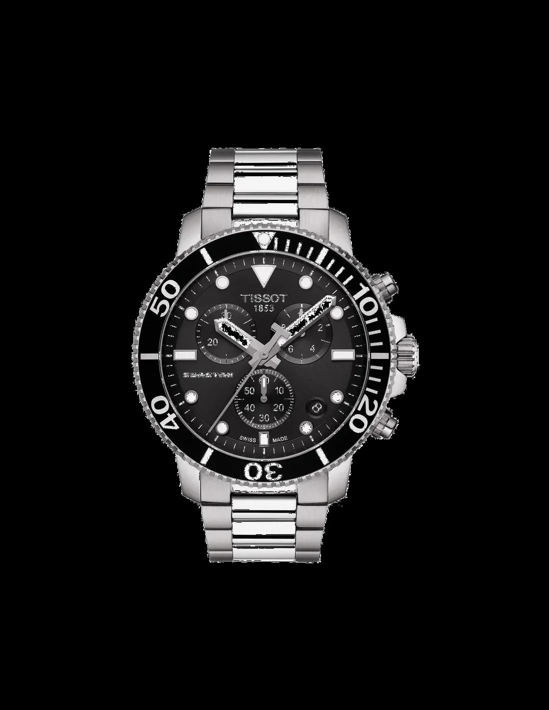 Garde-temps Tissot T1204171105100 pour homme, cadran noir, bracelet acier, chronographe classique