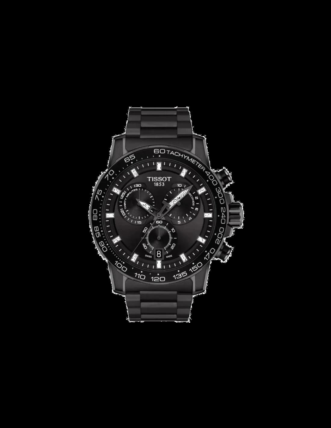Garde-temps Tissot T1256173305100 pour homme, cadran noir, bracelet acier, boîtier 45,5 mm