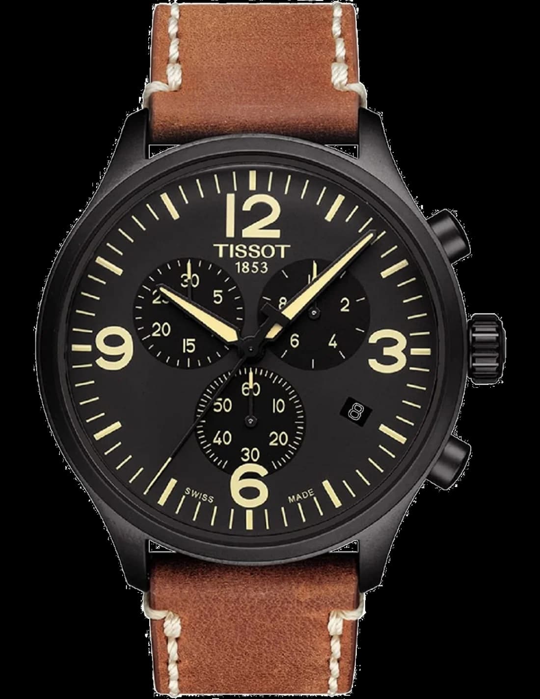 Garde-temps Tissot T1166173605700 pour homme, boîtier noir, bracelet cuir brun, quartz