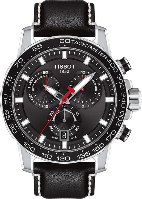 Garde-temps Tissot T1256171605100 pour homme, cadran noir, bracelet cuir noir, 45,5 mm