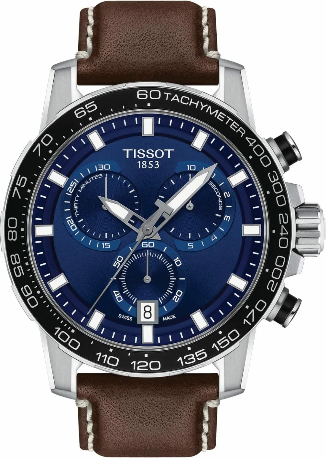 Garde-temps Tissot T1256171604100 pour homme, cadran bleu sur bracelet cuir marron