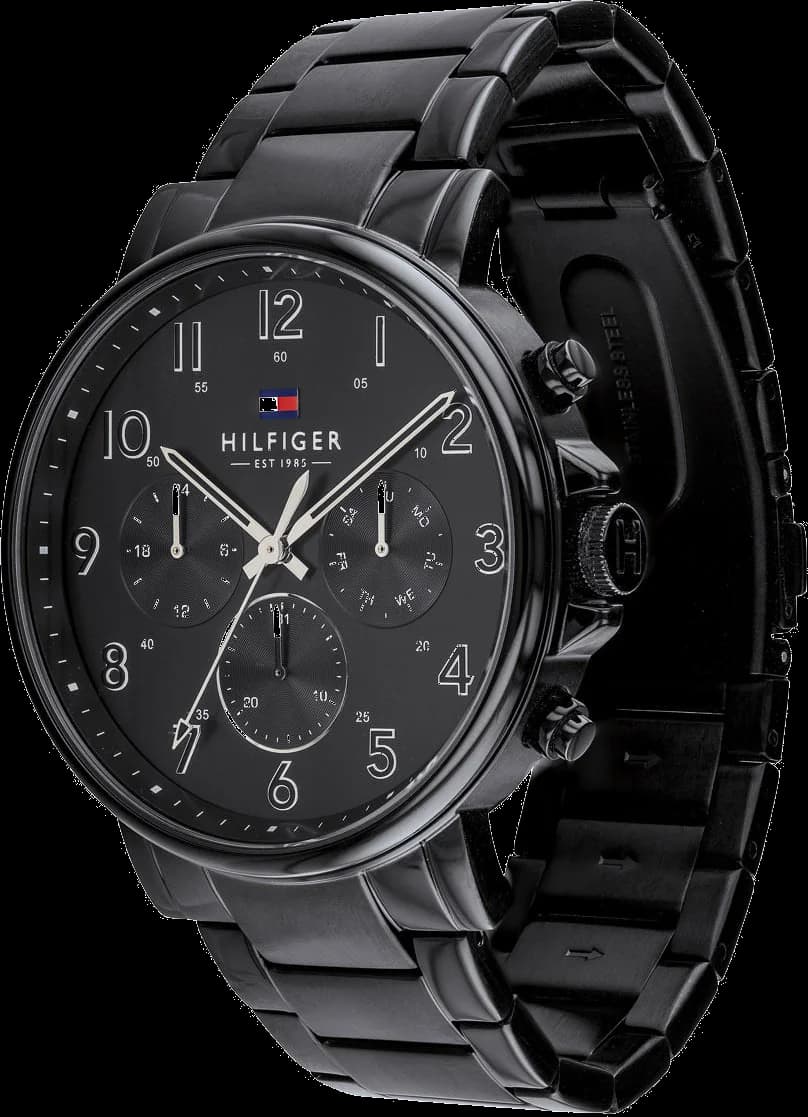 Visage cadran Tommy Hilfiger 1710383 détail des index bâtons argentés, aiguilles dauphine et guichet date à 3h, mouvement quartz précis