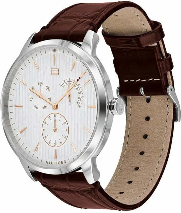 Visage cadran Tommy Hilfiger 1710389 aux index bâtons appliqués, aiguilles dauphine polies et affichage date