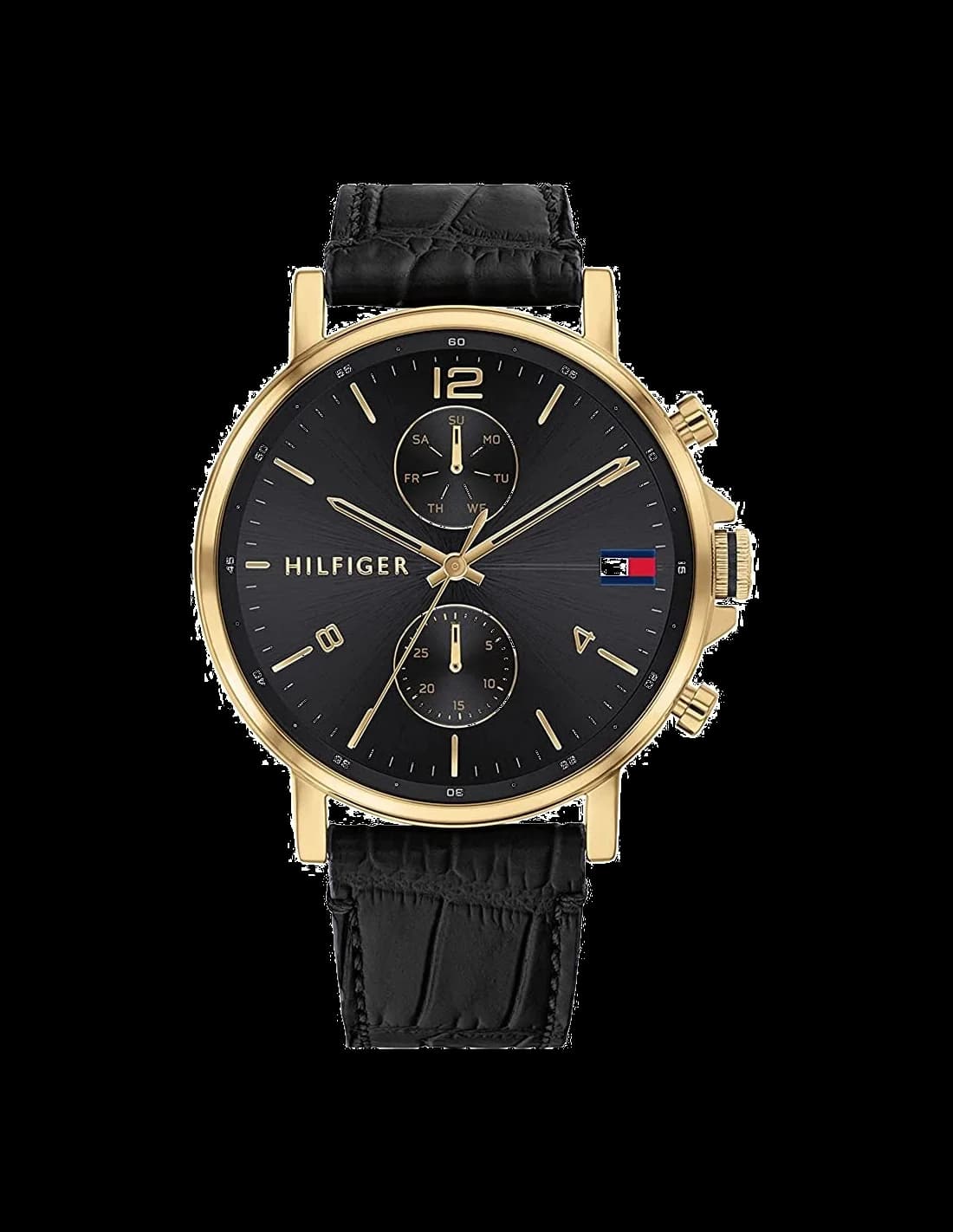 Garde-temps Tommy Hilfiger 1710417 pour homme, boîtier doré cadran noir bracelet cuir