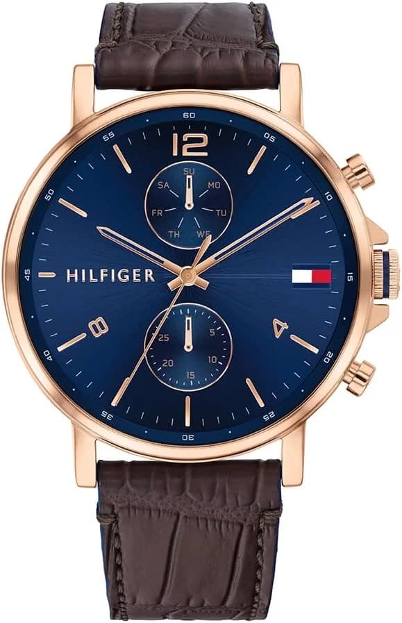 Garde-temps Tommy Hilfiger 1710418 pour homme, cuir cadran bleu or rose accents