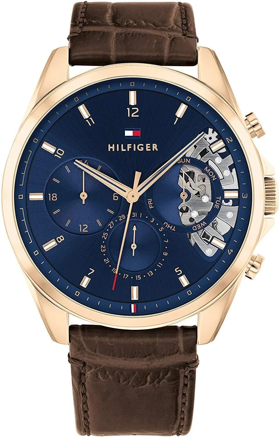 Garde-temps Tommy Hilfiger 1710453 pour homme, cadran bleu squelette et bracelet cuir