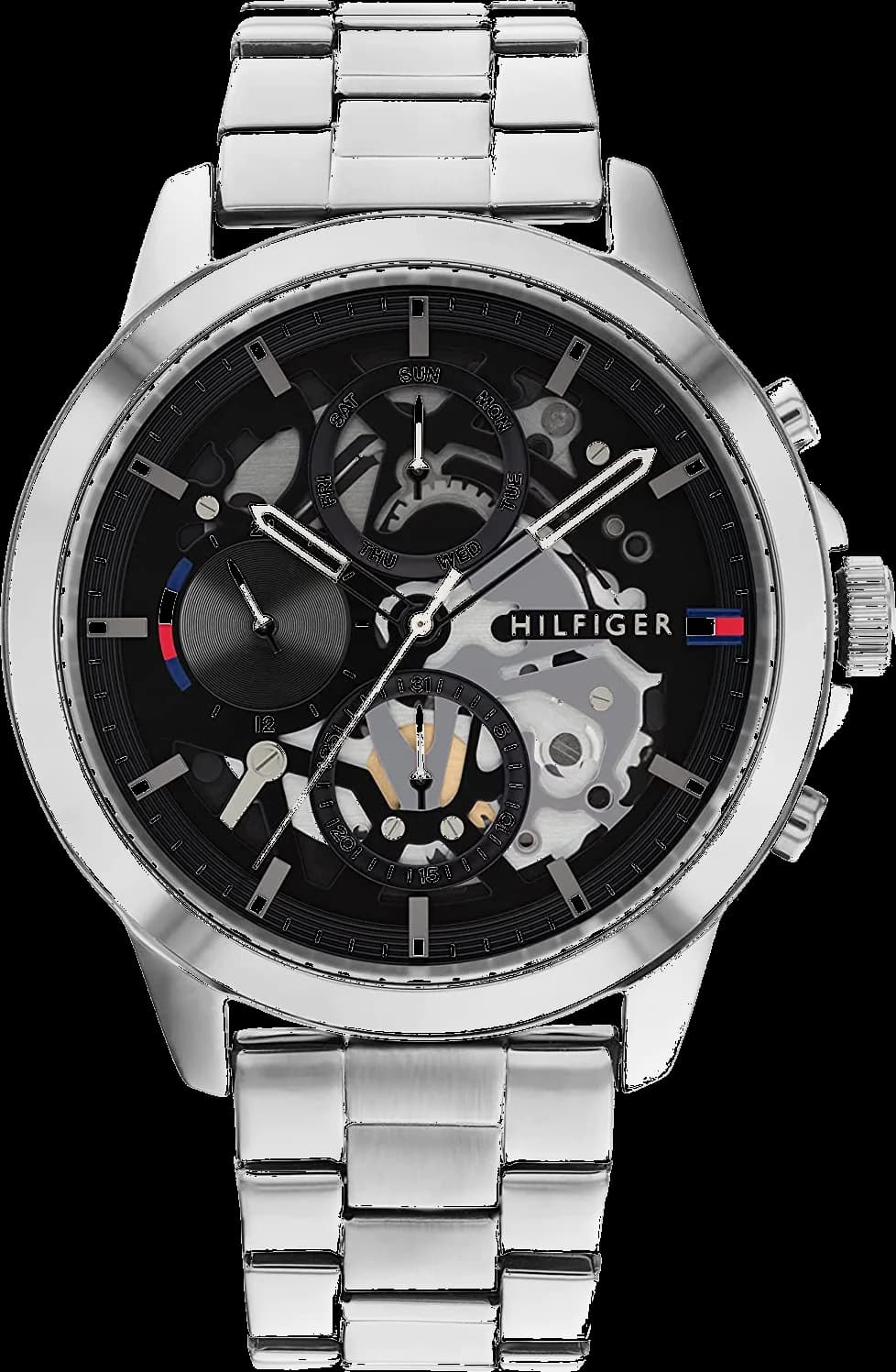 Garde-temps Tommy Hilfiger 1710477 pour homme, cadran noir squelette et bracelet acier