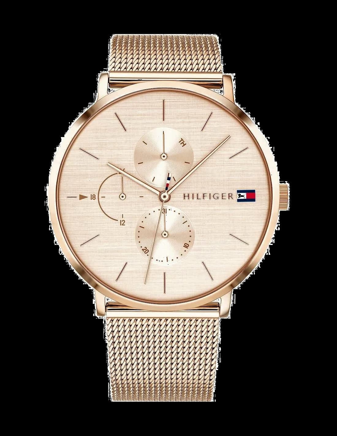 Garde-temps Tommy Hilfiger 1781944 au cadran blanc soleil, aiguilles dorées et index bâtons, style minimaliste chic