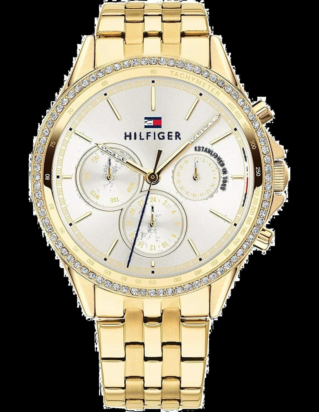Garde-temps Tommy Hilfiger 1781977 pour femme, cadran argent cristaux acier or jaune