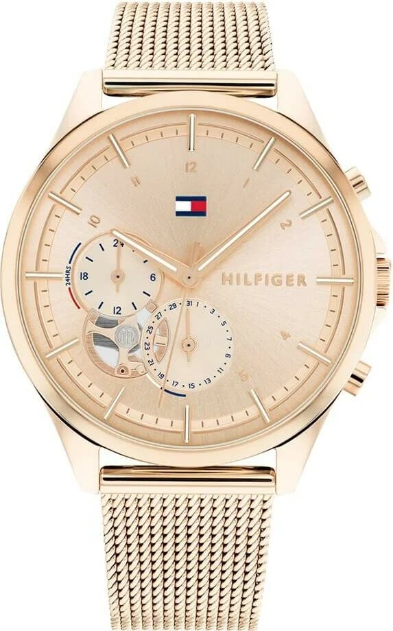 Garde-temps Tommy Hilfiger 1782486 avec cadran blanc guilloché et aiguilles bâtons or rose pour un style élégant et féminin