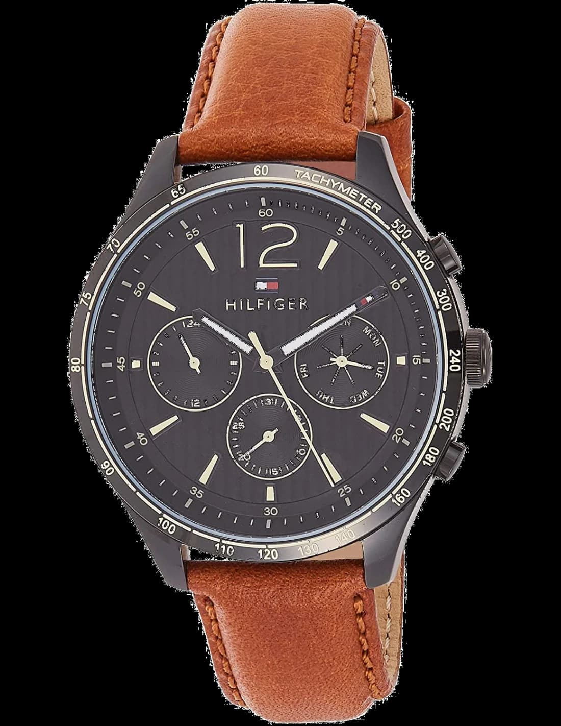 Garde-temps Tommy Hilfiger 1791470 pour homme, au cadran noir et bracelet cuir brun