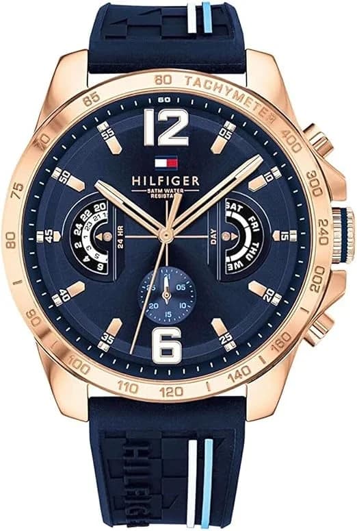 Garde-temps Tommy Hilfiger 1791474 pour homme, boîtier or rose, cadran bleu, bracelet silicone bleu