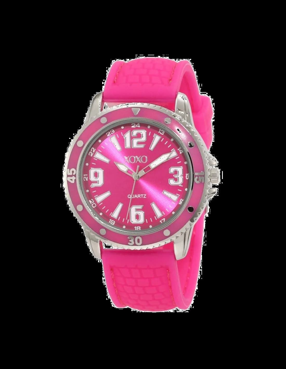 Garde-temps XOXO XO8070 au cadran rose soleil avec index bâtons et aiguilles dorés, style minimaliste chic