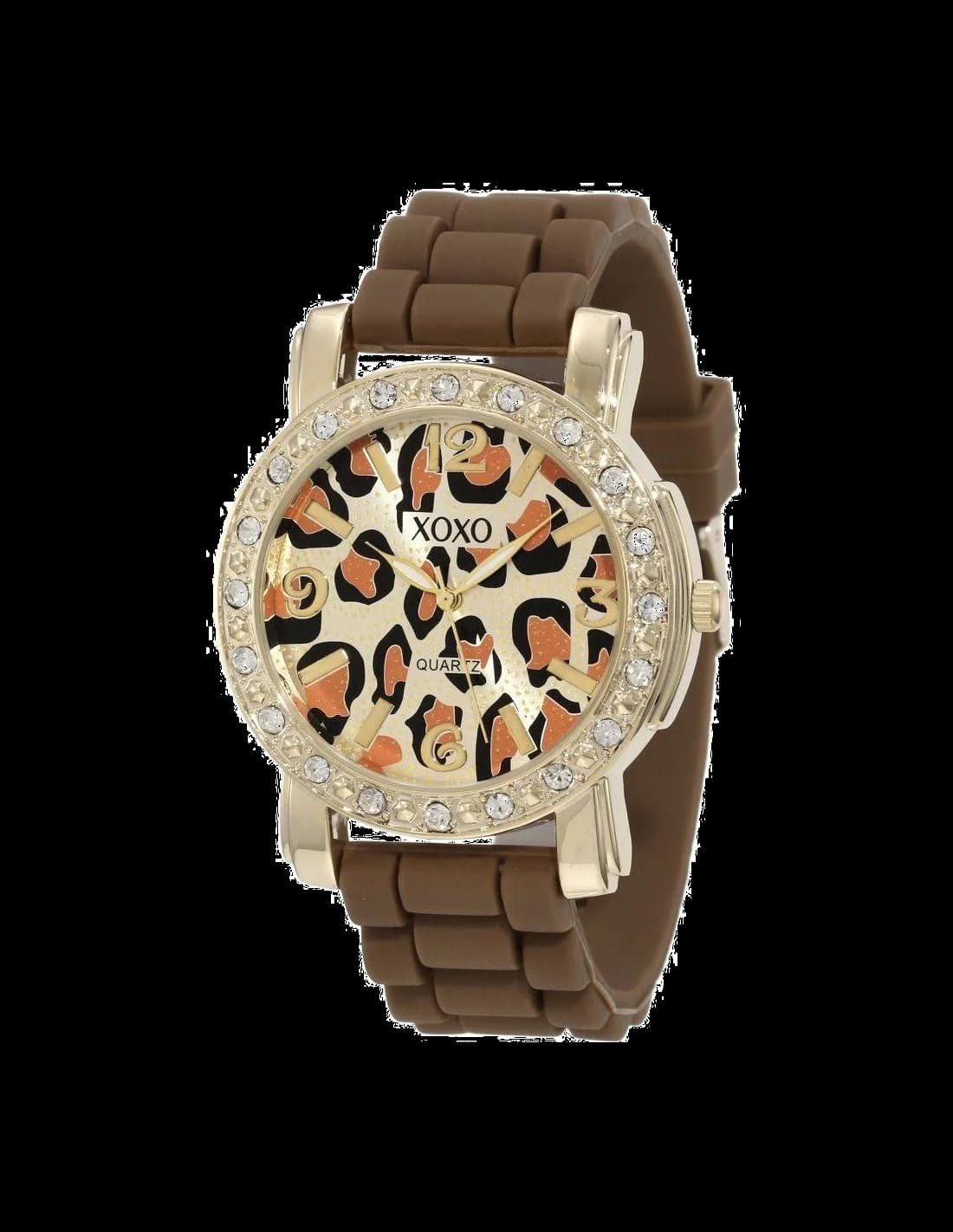 Garde-temps XOXO XO8057 au cadran marron orné de motifs géométriques, aiguilles dorées et index bâtons pour une lecture précise