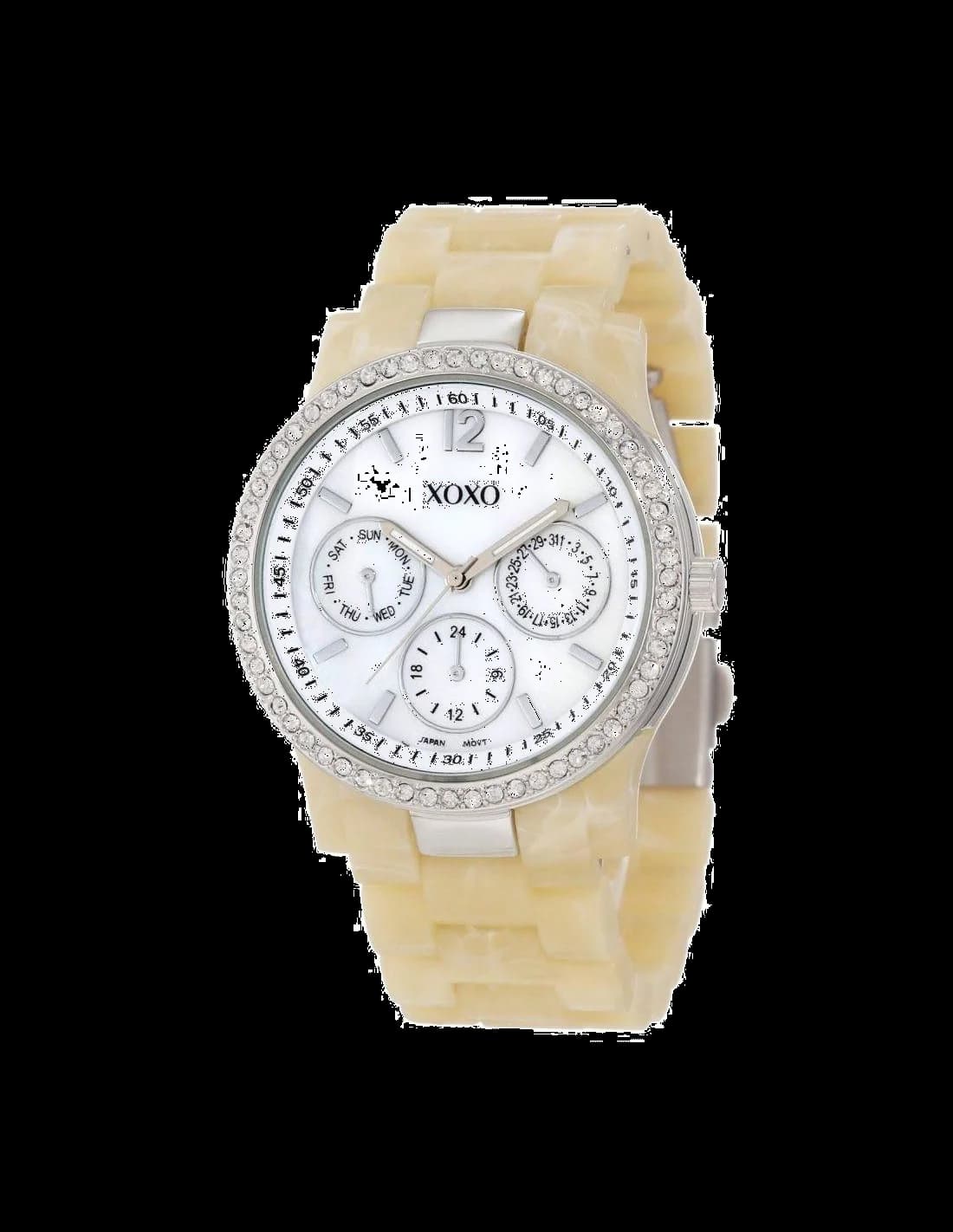 Garde-temps XOXO XO5523 au cadran beige soleillé, aiguilles dorées et index bâtons, style minimaliste chic