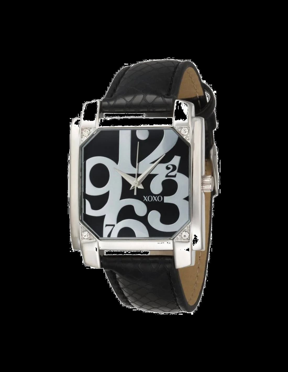 Garde-temps XOXO XO3171 au cadran noir profond avec index argentés et aiguilles bâtons minimalistes pour un style moderne et épuré