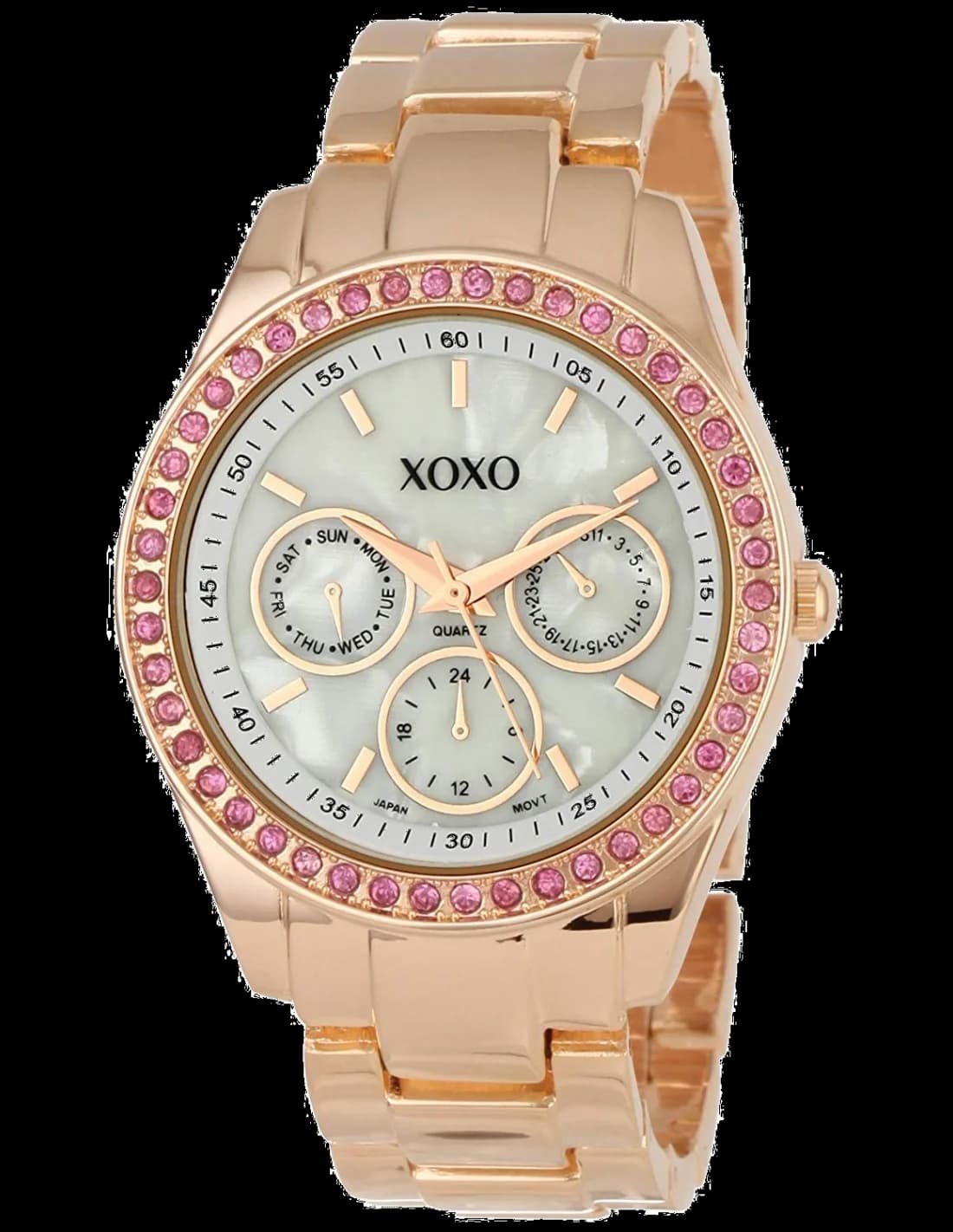Garde-temps XOXO XO5298A au cadran or rose soleillé avec index baguette et aiguilles facettées