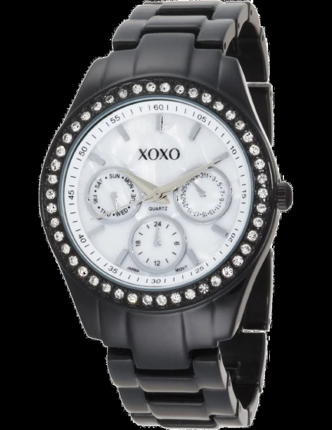 Garde-temps XOXO XO115 arborant un cadran noir texturé avec aiguilles argentées et index bâtons pour un style épuré