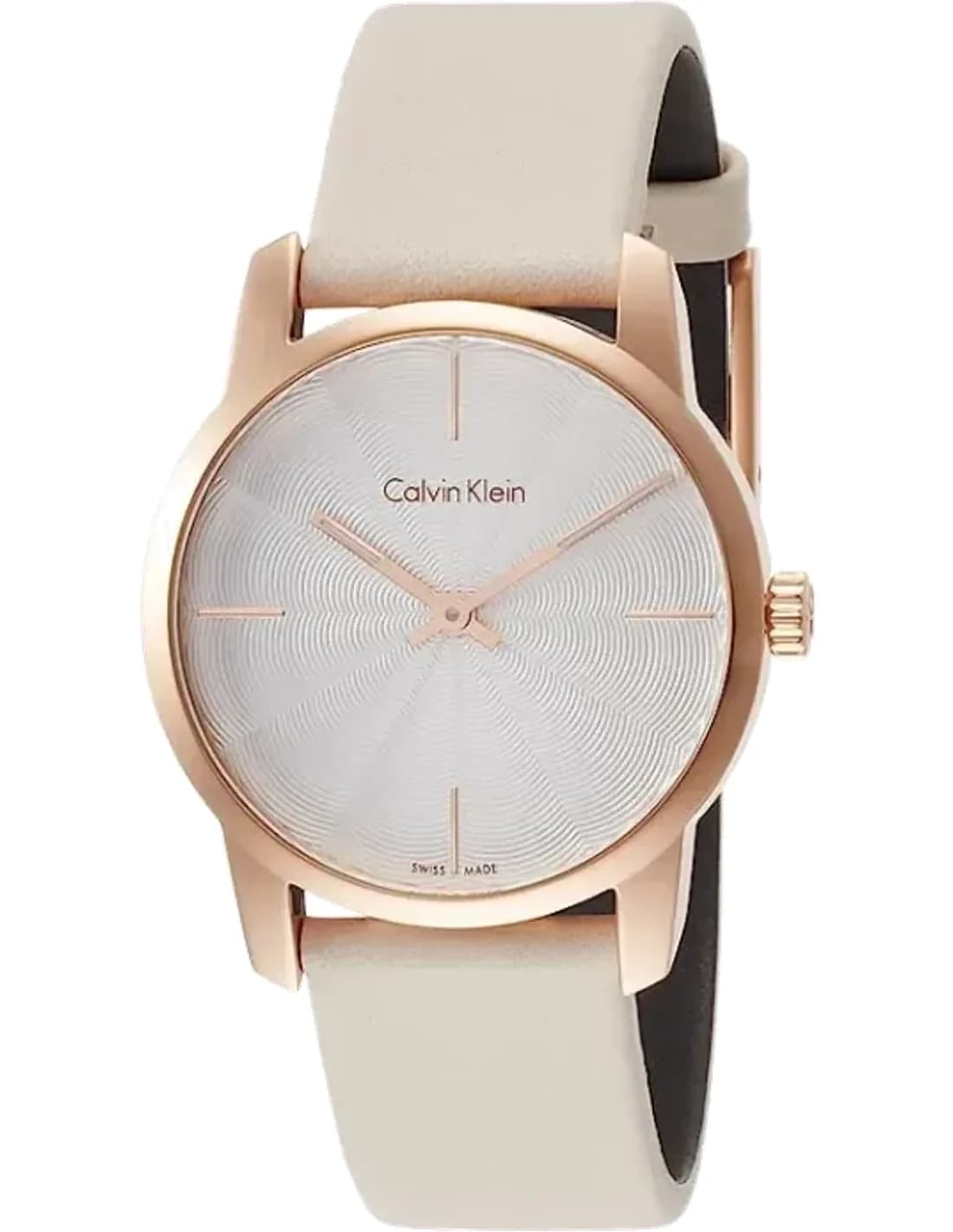 Montre Calvin Klein City K2G236X6 pour Femme, Cadran Beige, Boîtier Or Rose, Bracelet Cuir